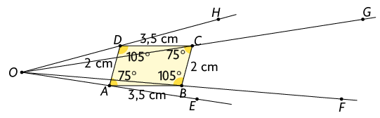 Ilustração do mesmo paralelogramo A B C D da ilustração anterior com as 4 semirretas. Em cada semirreta está marcado um ponto após cada um dos vértices do paralelogramo: na semirreta O A está marcado o ponto E, na semirreta O B está marcado o ponto F. Na semirreta O C está marcado o ponto G e na semirreta O D está marcado o ponto H.