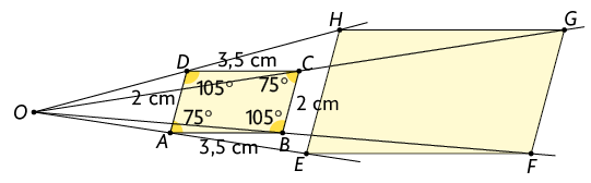 Ilustração do mesmo paralelogramo A B C D da ilustração anterior com as 4 semirretas e com os pontos E F G H marcados, porém com os segmentos E F, F G, G H e E H traçados, formando um paralelogramo E F G H, semelhante ao paralelogramo A B C D, porém maior.