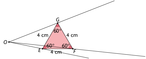Ilustração de um triângulo equilátero E F G com as medidas dos lados iguais e 4 centímetros e todos os ângulos marcados e identificados com medidas 60 graus. Há um ponto O marcado externo ao triângulo, à esquerda. E está traçado uma semirreta O D; uma semirreta O F; e uma semirreta O G, todas elas se prologam após os vértices do triângulo.
