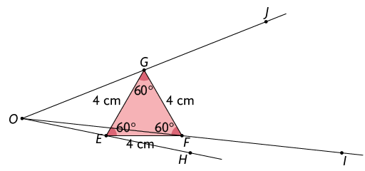 Ilustração do mesmo triângulo A B C da ilustração anterior. Em cada segmento está marcado um ponto após os pontos dos vértices do triângulo: no segmento O E está marcado o ponto H, no segmento O F está marcado o ponto I e no segmento O G está marcado o ponto J.