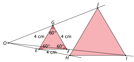 Ilustração igual à anterior, porém com os segmentos H I, I J e J H traçados, formando um triângulo equilátero H I J, semelhante ao triângulo E F G, porém maior.