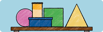 Ilustração de algumas figuras geométricas sobre um retângulo. Estão dispostas 5 figuras, com suas bases sobre o topo de um retângulo marrom, da seguinte forma: do lado esquerdo há um círculo roxo; ao lado direito desse círculo e o sobrepondo ligeiramente em sua frente, há um retângulo, que é dividido em duas cores pela horizontal, sendo o topo marrom e a parte de baixo alaranjado. Do lado direito desse retângulo há um quadrado verde e do lado direito desse quadrado há um triângulo isósceles amarelo. Ainda, na frente do quadrado, do círculo e do retângulo de cores marrom e alaranjado, está um retângulo azul, sobrepondo parte do lado direito do círculo e parte do lado esquerdo do quadrado. As figuras tem as mesmas dimensões de comprimento e altura das figuras respectivas da ilustração anterior, com exceção do retângulo azul, que é maior em comprimento que o anterior.