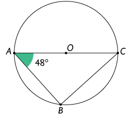 Ilustração de um triângulo A B C, inscrito numa circunferência de centro O. O lado A C do triângulo corresponde ao diâmetro da circunferência e a medida do ângulo A é 48 graus.
