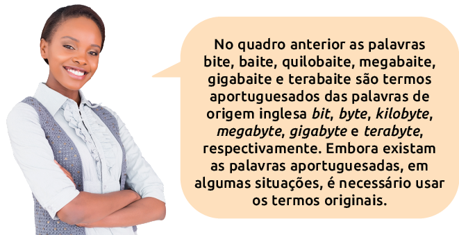 Fotografia do busto de um adulto dizendo: no quadro anterior as palavras bite, baite, quilobaite, megabaite, gigabaite e terabaite são termos aportuguesados das palavras de origem inglesa bit, byte, kilobyte, megabyte, gigabyte e terabyte, respectivamente. Embora existam as palavras aportuguesadas, em algumas situações, é necessário usar os termos originais.