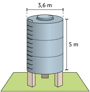 Ilustração de um reservatório de formato cilíndrico. Sua altura mede 5 metros e o diâmetro da face circular 3,6 metros.