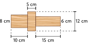 Ilustração da mesma peça de madeira anterior, em visão lateral. Estão indicadas as medidas das dimensões, sendo: primeiro cilindro: altura 10 centímetros e diâmetro da base 8 centímetros; segundo cilindro: altura 5 centímetros e diâmetro da base 12 centímetros; terceiro cilindro: altura 15 centímetros e diâmetro da base 6 centímetros.