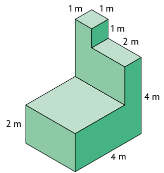 Ilustração de uma figura, como se fosse formada pela junção de alguns paralelepípedos reto retângulos. Pode ser dividida em 3 partes, sendo a base um paralelepípedo reto retângulo de dimensões: 2 metros de altura, 3 metros de comprimento e 4 metros de largura. Acima dele há outro paralelepípedo reto retângulo de dimensões: 2 metros de altura, 3 metros de comprimento e 1 metro de largura, e acima desse paralelepípedo, há um cubo de arestas medindo 1 metro.