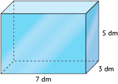 Ilustração de um paralelepípedo retângulo cuja base mede, 7 decímetros, largura mede 3 decímetros e a altura mede 5 decímetros.