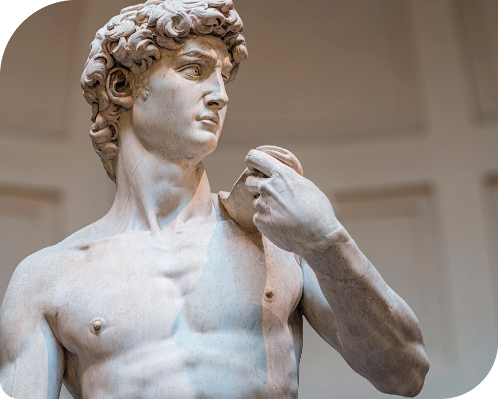 Fotografia do busto da escultura de um homem adulto. Ele tem cabelos cacheados e está com o rosto virado para direita.