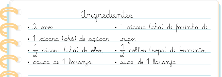 Ilustração de um pedaço de folha de caderno com uma lista de ingredientes: 2 ovos; uma xícara, chá, de açúcar; meia xícara, chá, de óleo; casca de uma laranja; uma xícara, chá, de farinha de trigo; meia colher, sopa, de fermento; suco de uma laranja.