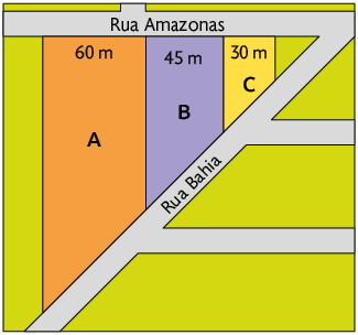 Ilustração da vista aérea de 3 terrenos com formato de trapézios retângulos, um ao lado do outro. Os 3 terrenos têm frente para a rua Bahia e suas divisas laterais, que também pode ser considerado as bases desses trapézios retângulos, são perpendiculares à rua Amazonas. Da esquerda para a direita na rua Amazonas o terreno A mede 60 metros, o terreno B mede 45 metros e o terreno C mede 50 metros.