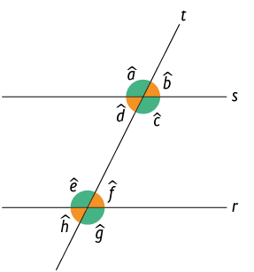 Ilustração de duas retas paralelas s e t e uma reta transversal t cruzando as retas s e r. No ponto em que a reta t e a reta s se cruzam formam os ângulos a e c opostos pelo vértice. O ângulo a está acima da reta s e do lado esquerdo da reta t, o ângulo c está abaixo da reta s e do lado direito da reta t. Ainda no ponto em que a reta t e a reta s se cruzam formam os ângulos b e d opostos pelo vértice. O ângulo b está acima da reta s e do lado direito da reta t, o ângulo d está abaixo da reta s e do lado esquerdo da reta t. No ponto em que a reta t e a reta r se cruzam formam os ângulos e e g opostos pelo vértice. O ângulo e está acima da reta r e do lado esquerdo da reta t, o ângulo g está abaixo da reta r e do lado direito da reta t. Ainda no ponto em que a reta t e a reta r se cruzam formam os ângulos f e h opostos pelo vértice. O ângulo f está acima da reta r e do lado direito da reta t, o ângulo h está abaixo da reta r e do lado esquerdo da reta t.