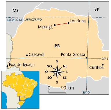 Mapa do estado do Paraná. Nele estão apenas os municípios de Maringá, Londrina, Cascavel, Ponta Grossa, Foz do Iguaçu e Curitiba. Entre as cidades de Maringá e Londrina tem uma reta destacada mostrando a distância entre as cidades em linha reta. A escala indica que cada centímetro do mapa equivale a 90 quilômetros da distância real.