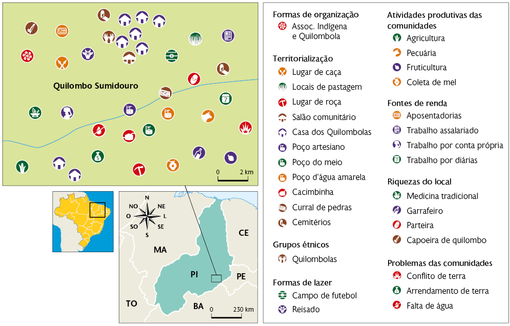 Mapa com os estados: Maranhão, Piauí que está em destaque, Ceará, Tocantins, Bahia e Pernambuco. No lado direito do estado do Piauí, perto da divisa com estado de Pernambuco e Bahia há uma ampliação para região de Quilombo Sumidouro no município de Queimada Nova. Nessa ampliação há um rio dividindo a região em duas partes, a superior um pouco maior e a inferior um pouco menor. De acordo com a legenda, na parte superior há indicação de uma capoeira de quilombo; da aposentadoria; da Associação indígena e quilombola; do Lugar de caça; do Reisado; dos Quilombolas; 2 cemitérios; 6 casas dos Quilombolas; do salão comunitário; de medicina tradicional; do trabalho por conta própria; do campo de futebol; da Agricultura; do trabalho assalariado; da parteira; do poço artesiano e do curral de pedras. Na parte inferior há indicação de Agricultura; duas casas dos quilombolas; de falta de água; de Arrendamento de terra; de cacimbinha; poço do meio; poço da água amarela; da pecuária; dos trabalhos por diárias; Lugar de roça; Coleta de mel; Garrafeiro; conflito de terra e Fruticultura.