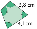Ilustração de um polígono de 4 lados com ângulos diferentes. Em cada ângulo há uma marcação diferente composta por traços, indo de 1 a 4 traços. E estão indicadas as medidas de 2 lados. O lado que está entre o ângulo com um traço e o ângulo com 2 traços tem 3,8 centímetros; e o lado que está entre o ângulo com 2 traços e o ângulo com 3 traços tem 4,1 centímetros.