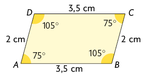 Ilustração de um polígono A B C D. O lado A B mede 3,5 centímetros, o lado B C mede 2 centímetros, o lado C D mede 3,5 centímetros e lado A D mede 2 centímetros. Os ângulos internos de vértices A e C medem 75 graus cada e o ângulos internos vértices B e D medem 105 graus cada.