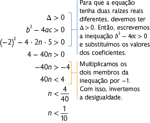 Esquema de 8 linhas com a expressão: Primeira linha: delta maior do que 0. Segunda linha: b ao quadrado menos 4, a, c, maior do que 0. Terceira linha: abre parênteses menos 2 fecha parênteses ao quadrado menos 4 vezes 2, n ,vezes 5, maior do que 0. Quarta linha: 4 menos 40 n maior do que 0. Quinta linha: menos 40 n maior do que menos 4. Sexta linha: 40 n menor do que 4. Sétima linha: n menor do que início de fração, numerador: 4, denominador: 40, fim de fração. Oitava linha: n menor do que início de fração, numerador: 1, denominador: 10, fim de fração. Nas 3 primeiras linhas há uma cota indicando: Para que a equação tenha duas raízes reais diferentes, devemos ter delta maior do que 0. Então, escrevemos a inequação: b ao quadrado menos 4, a, c, maior do que 0 e substituímos os valores dos coeficientes. Na quinta e sexta linha há uma cota indicando: Multiplicamos os dois membros da inequação por menos 1. Com isso, invertemos a desigualdade.