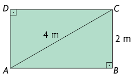 Ilustração de um retângulo A B C D, com a diagonal A C traçada, medindo 4 metros e a medida de comprimento da altura do retângulo é de 2 metros.