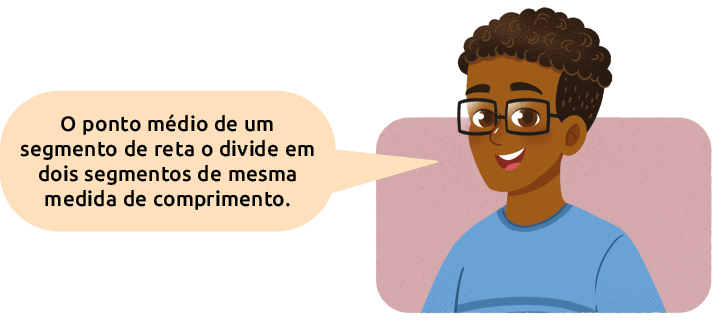 Ilustração de busto de um menino dizendo: O ponto médio de um segmento de reta o divide em dois segmentos de mesma medida de comprimento.