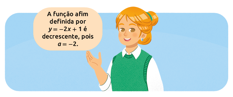 Ilustração do busto de uma mulher adulta dizendo: a função afim definida por y igual a menos dois x mais 1, é decrescente, pois a é igual menos 2.