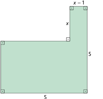 Ilustração de uma figura de 6 lados com 5 ângulos internos retos e um ângulo externo reto. A figura é formada como se fossem dois retângulos empilhados sendo o maior abaixo e outro menor em cima com os dois tendo a lateral direita adjacentes. A altura da figura, formada pela altura desses dois retângulos, tem 5 de medida de comprimento. A base da figura, que é a mesma base do retângulo maior, tem 5 de medida de comprimento. O lado superior do menor retângulo tem x menos 1 de medida de comprimento e o outro lado tem medida x.