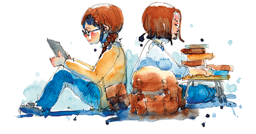 Ilustração. Uma menina sentada, com o corpo para a esquerda, segurando nas mãos um livro. Ela tem cabelos e franja em castanho, de blusa de mangas compridas em amarelo, calça azul. À direita, menina sentada para a direita, de cabelos curtos castanhos, de blusa de mangas compridas em azul-claro, calça azul, com uma mesa pequena e livros empilhados.