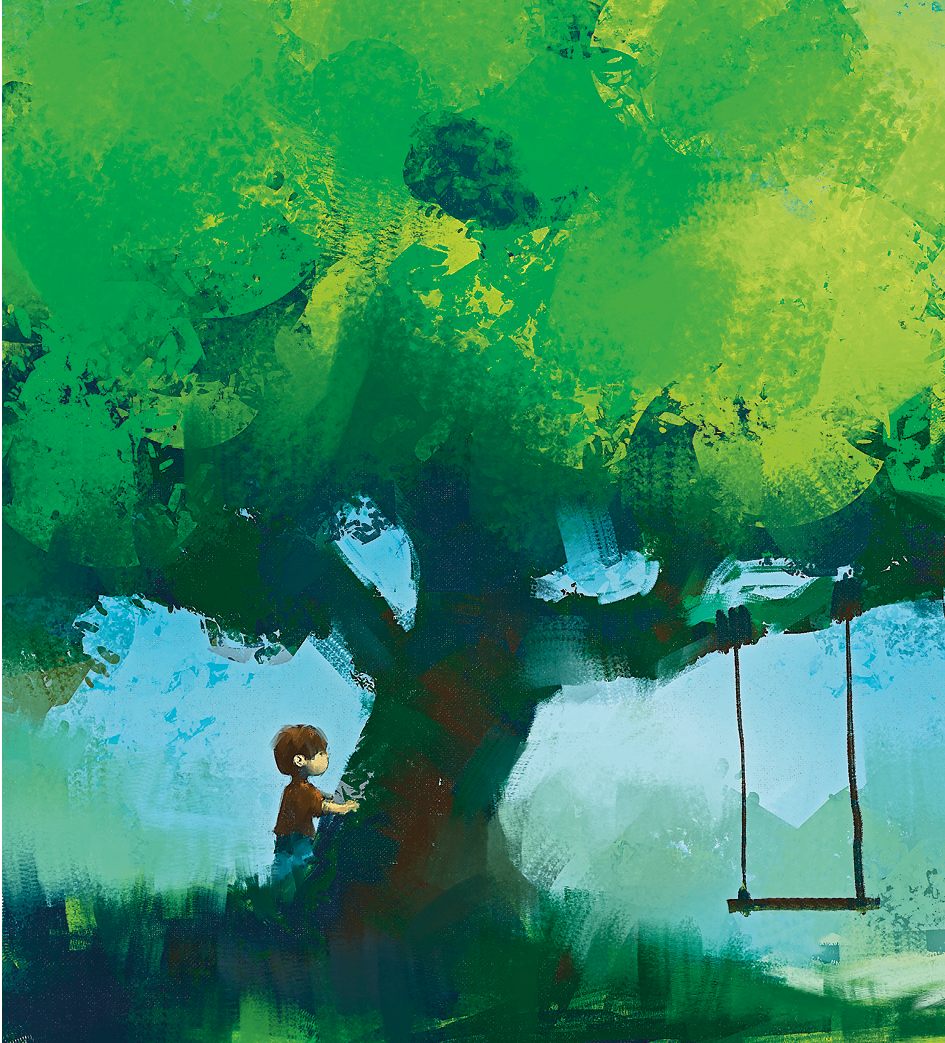 Ilustração. Uma árvore de tronco marrom, com folhas em verde. À direita, um balanço pendurado. À esquerda, um menino de frente para árvore. Ele tem cabelos castanhos, de camiseta marrom. Ao fundo, céu em azul-claro, com silhueta de morros.