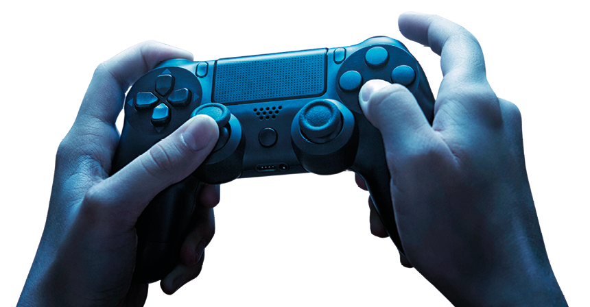 Fotografia. Mãos de uma pessoa segurando um controle de videogame. Ele está na horizontal, com pontas para baixo e com muitos botões.