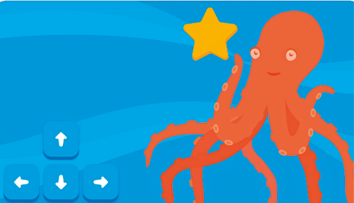 Ilustração. Dentro de um oceano em azul, à esquerda, teclas com flechas em branco. À direita, um polvo em laranja, com tentáculos e a cabeça de formato arredondado. Na parte superior, estrela em amarelo.