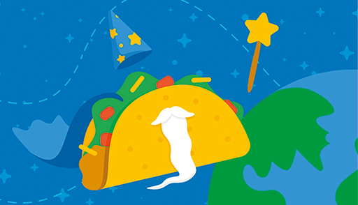 Ilustração. Um taco em amarelo com carne, salada e à frente, um filamento branco, similar a uma minhoca. Ao fundo, à direita, vista parcial de uma esfera terrestre em azul e verde e uma estrela de cor amarela. Ao fundo, céu em azul.
