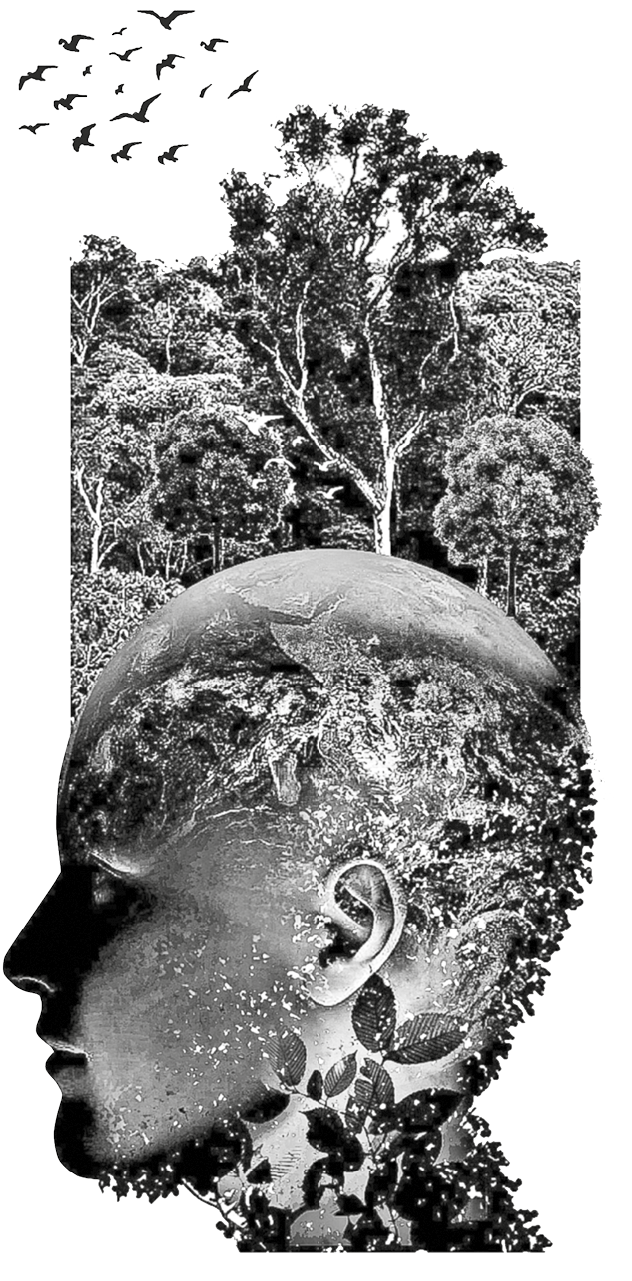 Ilustração. Em preto e branco. Um rosto de uma pessoa virado para a esquerda, com os contornos do corpo em folhas. Em segundo plano, árvores e folhagens ao redor. No alto, céu por onde se veem pássaros sobrevoando.