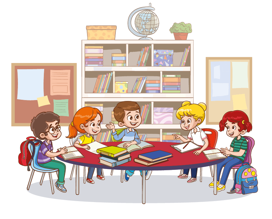 Ilustração. À frente, uma mesa grande de cor vermelha com cinco crianças ao redor, sentadas. Dois meninos de cabelos castanhos e uma menina ruiva, outra loira e outra de cabelos vermelhas. Sobre a mesa, livros e cadernos abertos. Mais ao fundo, uma estante na vertical com vários livros coloridos. Na parte superior, uma caixa amarela, globo terrestre e um vaso marrom com folhas verdes. À esquerda e à direita, um mural com papéis fixados.