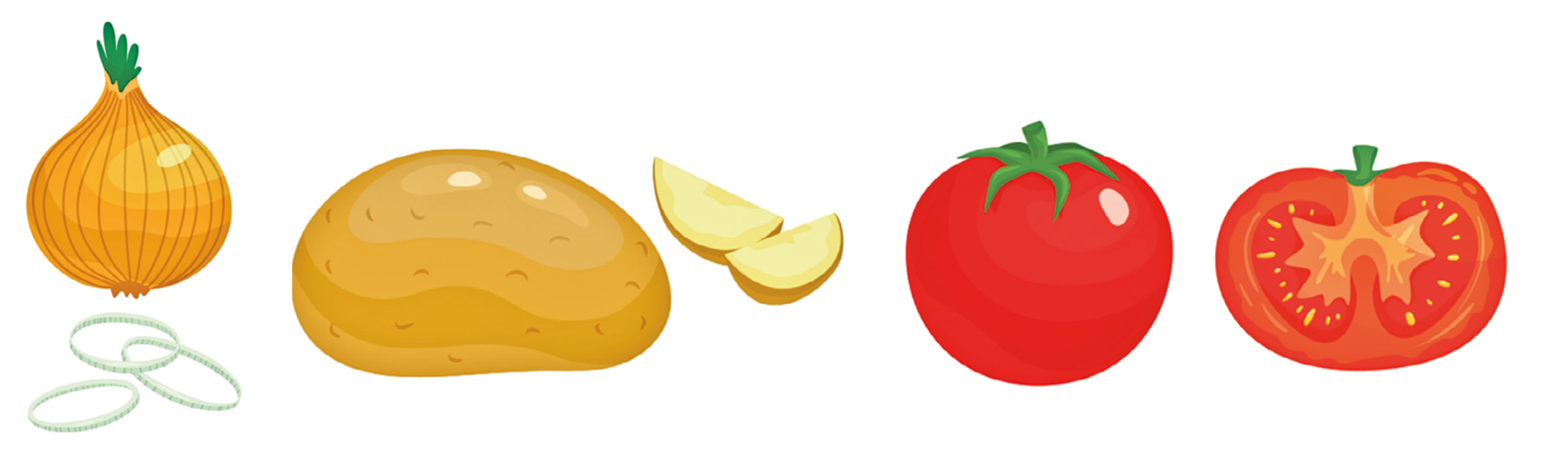 Ilustração. Uma cebola com a casca perto de três rodelas de cebola. Mais abaixo, uma batata com casca perto de duas fatias de batata. Na parte inferior, um tomate inteiro perto de um tomate cortado ao meio mostrando suas sementes.