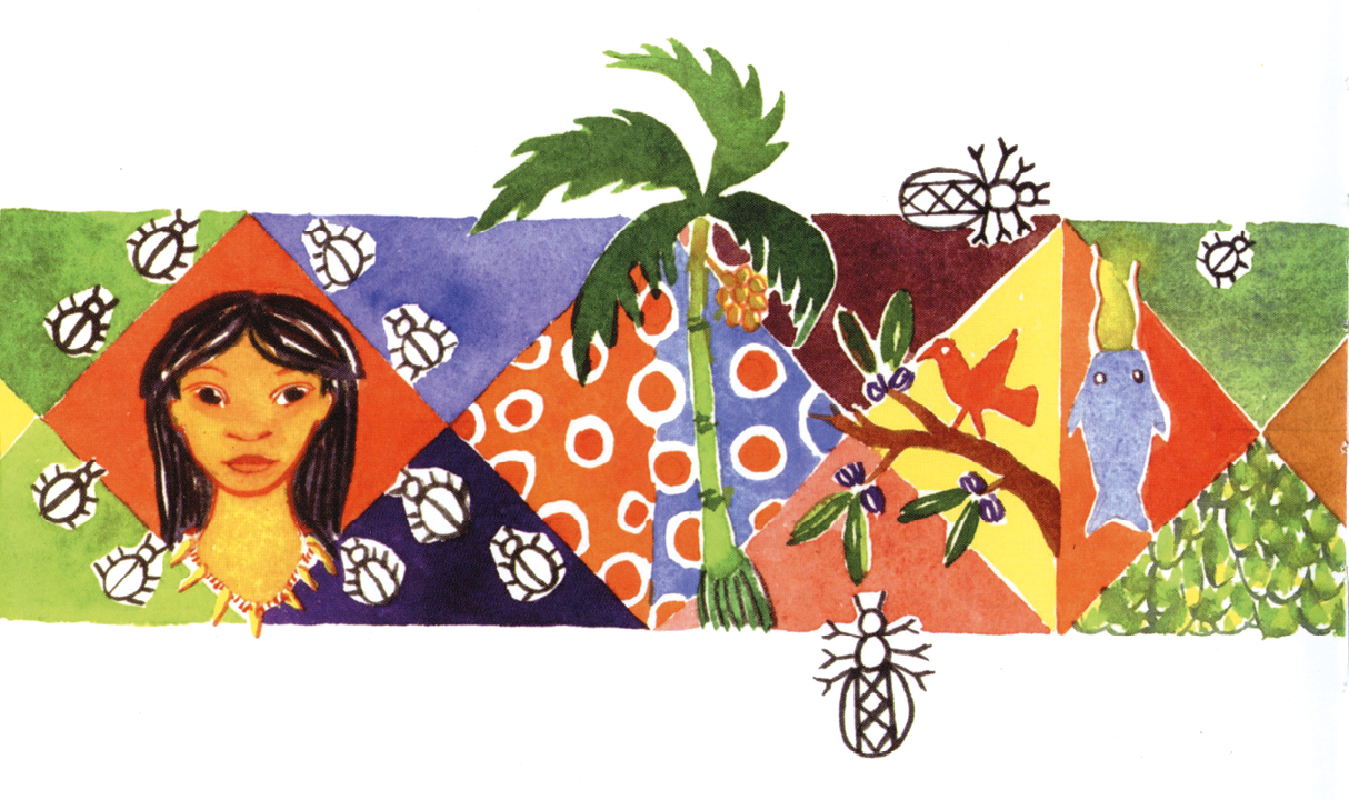 Ilustração. Na horizontal, elementos sobrepostos. Da esquerda para a direita: Uma mulher indígena, vista da cintura para cima de cabelos longos e franja em preto, com lábios grossos e olhando para a frente. Perto dela, insetos com contornos em preto, ao redor. Ao centro, um coqueiro de cor verde e ao fundo, esferas coloridas em laranja. À direita, um galho de árvore marrom, com um pássaro de penas em laranja e ao lado, peixe na vertical em azul. Ao fundo, triângulos coloridos em amarelo, laranja e verde.