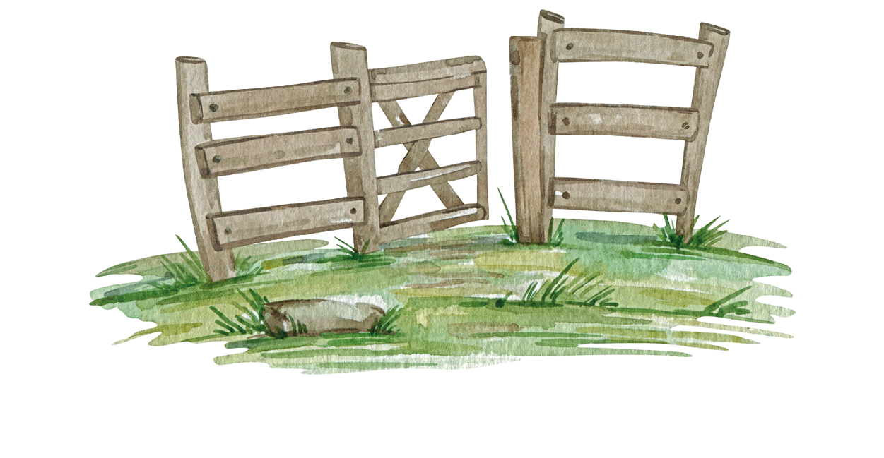 Ilustração. Um local com grama verde e uma cerca de madeira com uma porteira ao centro, um pouco aberta.