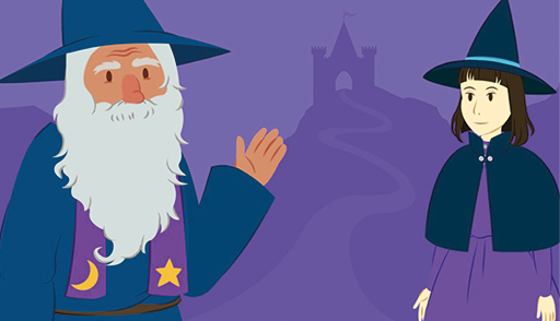 Ilustração. À esquerda, um mago de barbas longas brancas, vestimenta e chapéu em ponta azul-escuro, à direita uma mulher de cabelos curtos negros, com vestimenta e chapéu em ponta azul-escuro, com fundo lilás-claro com a silhueta de um castelo em lilás-escuro.