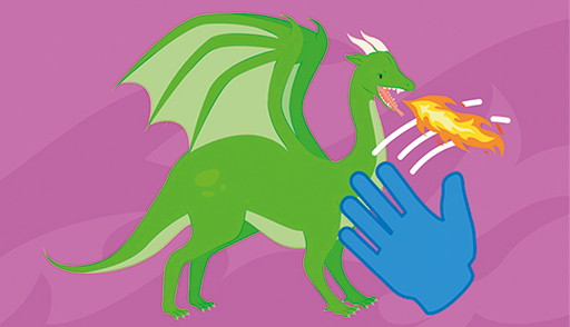 Ilustração. Um dragão de cor verde, com par de chifres em branco, boca aberta, por onde sai chama de fogo em amarelo e laranja. Próximo a ele, uma mão de cor azul. Fundo em roxo.
