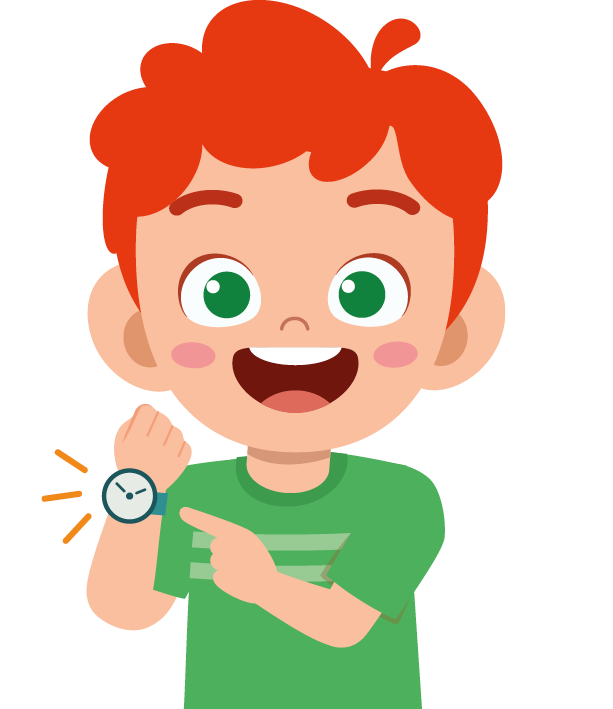 Ilustração. Menino de cabelos em laranja, olhos verdes, sorridente, camiseta verde, braço direito levantado com um relógio no pulso. Ele aponta com a mão esquerda o relógio.