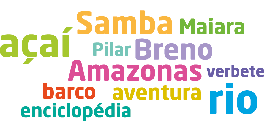 Nuvem de palavras. Palavras coloridas, uma perto da outra: Samba, Maiara, Açaí, Pilar, Breno, Amazonas, Verbete, Barco, Aventura, Enciclopédia, Rio.