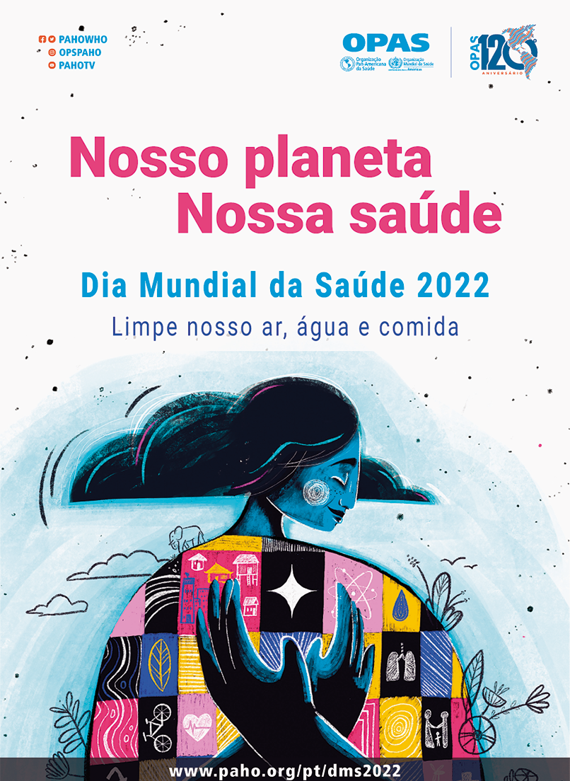 Cartaz. Cartaz na vertical. Uma pessoa vista da cintura para cima, com o rosto para a direita em tons de azul, cabelos longos escuros, de blusa de mangas compridas, colorida em rosa, azul, preto e amarelo. Atrás das costas, duas mãos em tons de preto, cruzadas para cima. Ao redor dela, ilustração em preto em nuvens, folhas e pássaros sobrevoando. Na parte inferior, site: www.paho.org/pt/dms2022. Na parte superior, logotipos e textos: Nosso planeta Nossa saúde – Dia Mundial da Saúde 2022 Limpe nosso ar, água e comida.