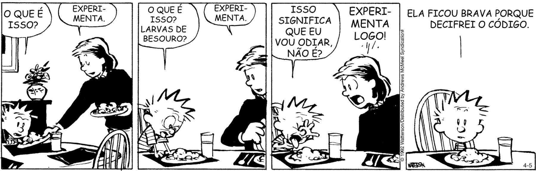 Tirinha. Em preto e branco. Composta por quatro quadros. Apresenta como personagens, Calvin, cabelos arrepiados, de camiseta listrada em branco e preto. Mãe de Calvin, mulher de cabelos escuros curtos, de blusa de mangas compridas escuras. As cenas se passam em uma cozinha. Q1 – Calvin sentado de frente para uma mesa e a mãe dele servindo um prato para ele. O menino pergunta: O QUE É ISSO? A mãe responde: EXPERIMENTA. Na mão esquerda segura outro prato. Na mesa há um copo com líquido dentro. Q2 – Calvin sentado, observando o prato com os olhos bem arregalados e corpo um pouco para o alto, pergunta: O QUE É ISSO? LARVAS DE BESOURO? A mãe à direita, vista parcialmente, olhando para ele, responde: EXPERIMENTA. Q3 – Calvin à esquerda, com os olhos fechados, mão sobre o nariz e língua para fora. Ele pergunta: ISSO SIGINIFICA QUE EU VOU ODIAR, NÃO É? A mãe com o rosto para a esquerda, olhos bem abertos, cabelos curtos, exclama: EXPERIMENTA LOGO! Q4 – Foco no rosto de Calvin, olhando para frente, com olhos bem abertos, perto do prato e do copo, diz: ELA FICOU BRAVA PORQUE DECIFREI O CÓDIGO.