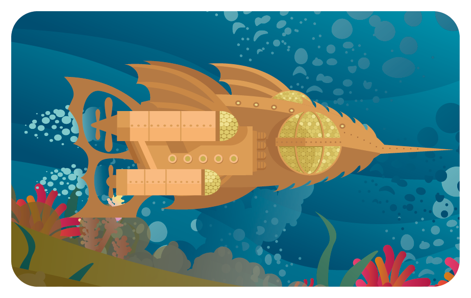 Ilustração. Um submarino na horizontal de cor marrom, com duas partes acima, similar a duas barbatanas e na parte da direita, uma ponta fina na horizontal. Ao fundo, oceano em azul e na parte inferior, vegetação em verde e partes em vermelho.