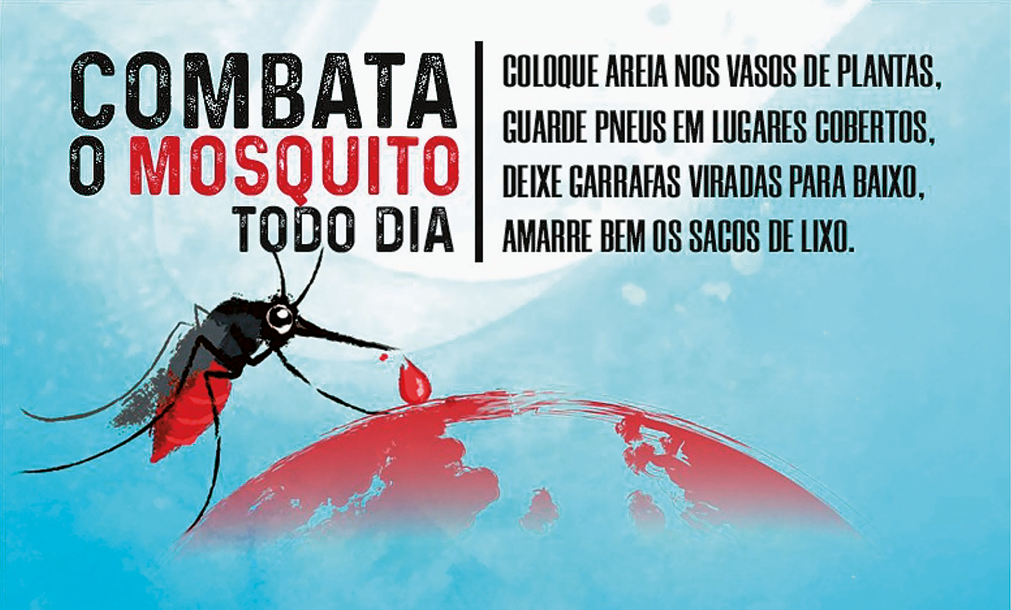 Cartaz. Cartaz na horizontal. Um mosquito preto, com par de antenas para cima, um bico bem fino e na parte inferior do corpo, em vermelho. Do bico dele, um gota de sangue em vermelho, sobre uma esfera com partes em vermelho. Na parte superior, texto: COMBATA O MOSQUITO TODO DIA – COLOQUE AREIA NOS VASOS DE PLANTAS, GUARDE PNEUS EM LUGARES COBERTOS, DEIXE GARRAFAS VIRADAS PARA BAIXO, AMARRE BEM OS SACOS DE LIXO. O fundo em tons de azul-claro e partes em branco.