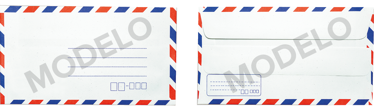 Ilustração. Dois envelopes, um ao lado do outro. À esquerda, envelope branco, visto de frente, com contorno em azul e vermelho e à direita, quatro linhas retas na horizontal e abaixo, cinco quadros. Ao lado, o mesmo envelope visto de costas, com quatro linhas e cinco quadros à esquerda.