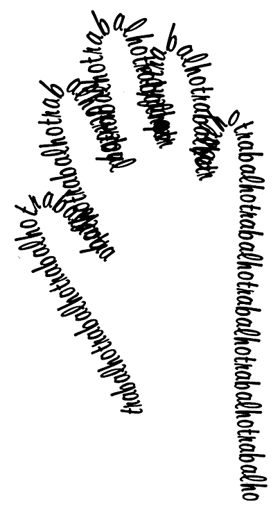 Ilustração. Forma de uma mão com letras em preto da palavra TRABALHO contornando.