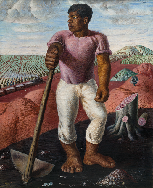 Pintura. Um homem em pé, de cabelos pretos, com camiseta rosada com manga enrolada, calça branca enrolada até a panturrilha, pés descalços. Ele está sobre local com terra de cor marrom-escuro, olha para a direita e segura na mão direita uma enxada. Em segundo plano, solo marrom-claro, com plantações em verde. Mais ao fundo, à direita, morros. No alto, céu em azul-claro e nuvens brancas.