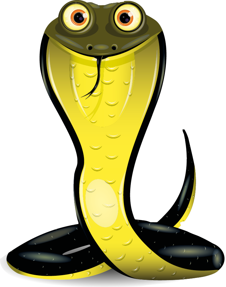 Ilustração. Uma cobra de cor verde e amarela, com o corpo na vertical, olhos amarelos com detalhes em marrom, língua em preto para fora e cauda longa.