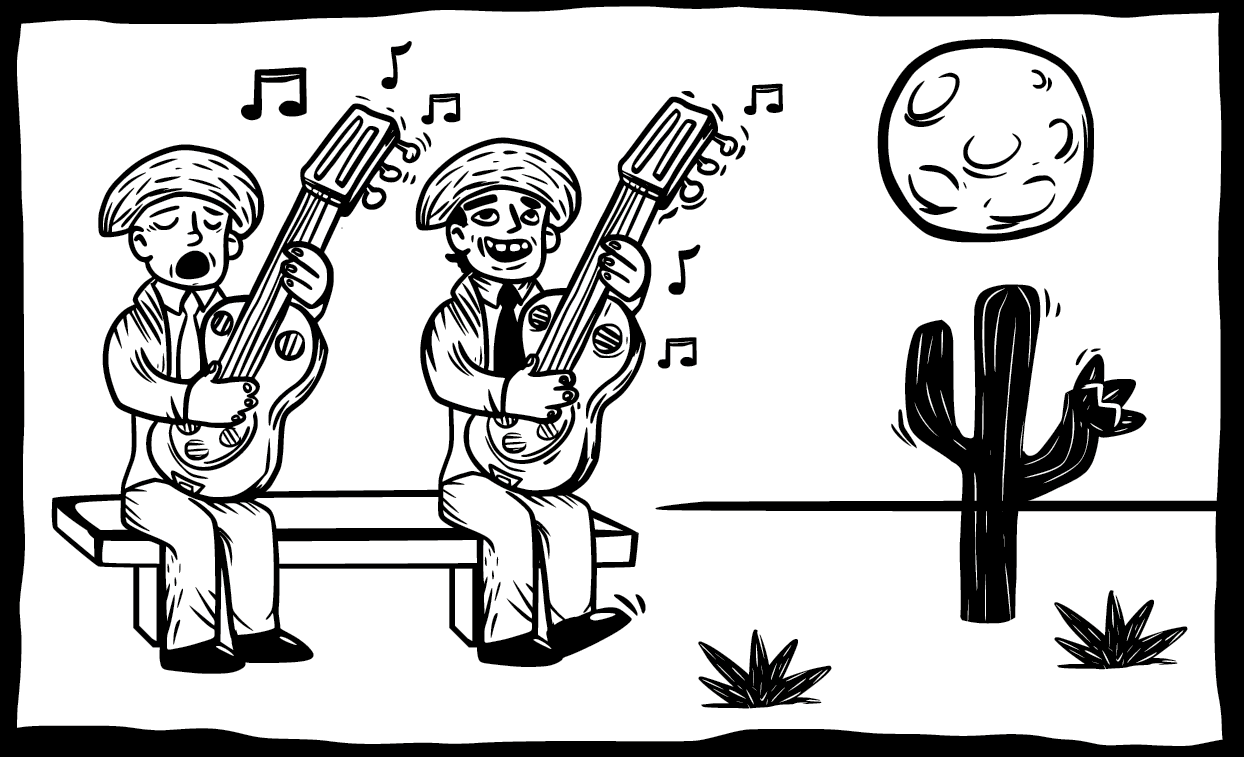 Xilogravura. Dois homens sentados em um banco em local aberto. Eles usam o mesmo tipo de roupa: chapéu arredondado, camisa de gola de mangas compridas, calça, sapatos pretos. Eles seguram nas mãos um violão e em volta, notas musicais. À direita, vegetação rasteira, um cacto. Na parte superior, à direita, lua redonda com crateras.