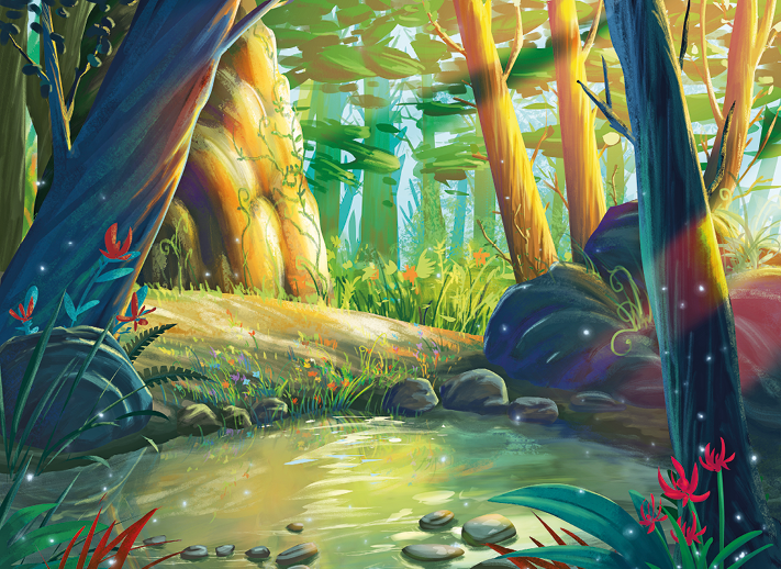Ilustração. À frente, um rio com água em tons de verde e perto, pedras pequenas. Ao fundo, local com vegetação rasteira em verde e flores de pétalas vermelhas, árvores com troncos longos e na parte superior, folhas em verde. Entre as árvores, vê-se céu em azul-claro.