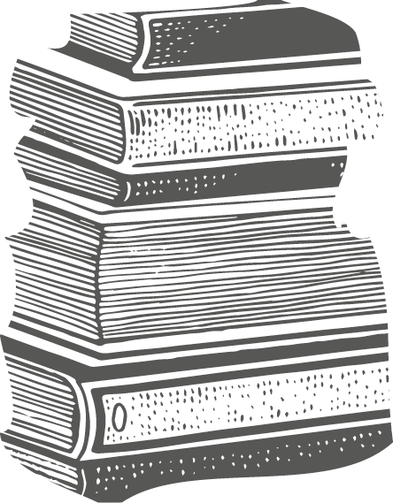 Xilogravura. Em preto e branco. Vários livros empilhados um sobre o outro.